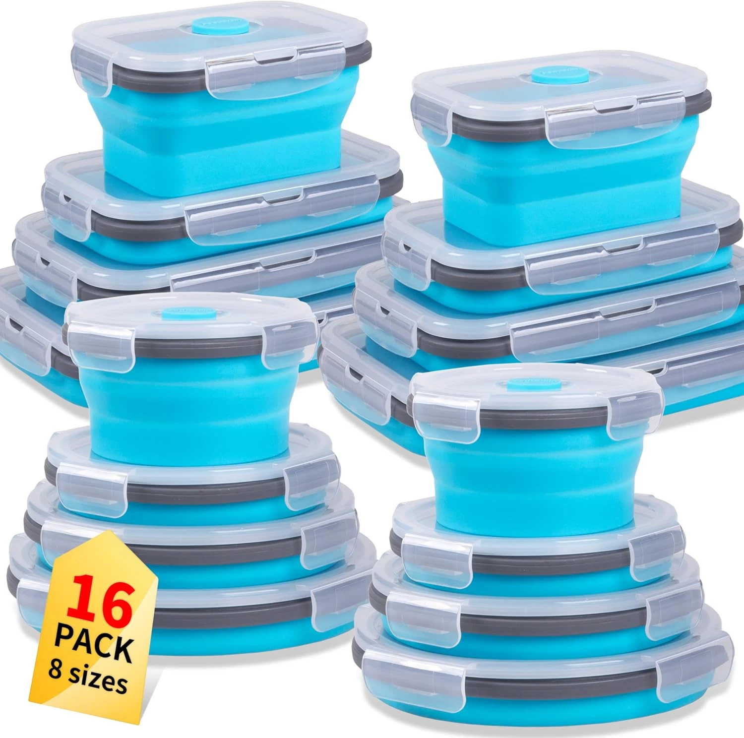 Collapsible Silicone Food Storage Containers, 16 Pack, Microwave & Dishwasher Sa