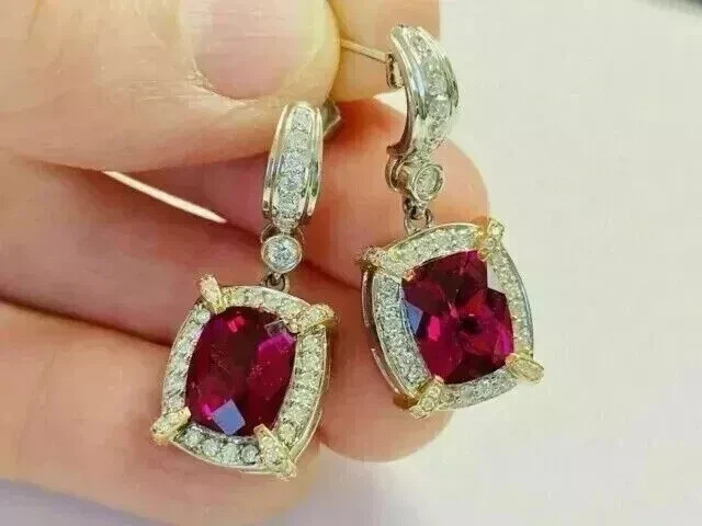 4Ct Oval Cut Lab-Created Red Ruby Drop Dangle Earrings 14K Yellow Gold Plated - Image 2 of 4