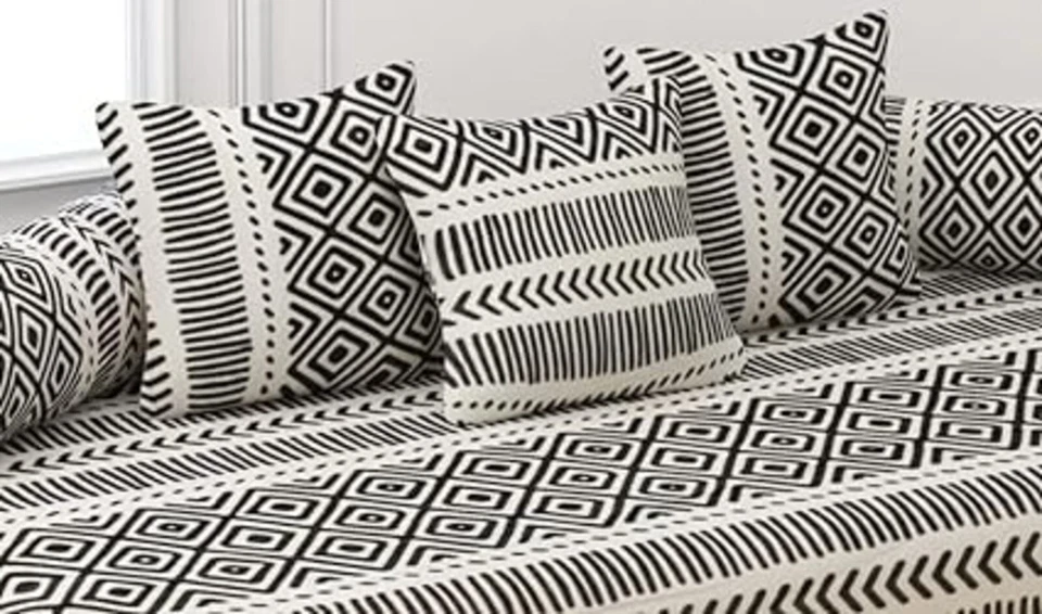 Indian Diwan Set Cotton Bed Cover Bohemian Bolster Cushion Sofa Cover Set 6 Pcs - Image 2 of 4