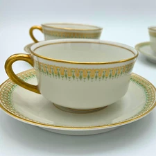 Vintage RARE O P CO Syracuse Teacups & Saucers Set of 4 Green Gold Antique MCM