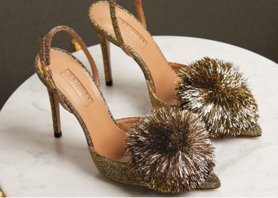 BNIB Brand New AQUAZZURA Gold Powder Puff Sling Back Pom Pom Heels