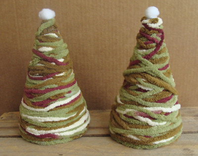 Two 7'' rustic yarn wrapped Christmas tree decorations - primitive Xmas folk art