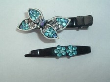 VINTAGE TEAL BLUE RHINESTONE BLACK METAL HAIR CLIP  HAIR PIN BARRETTES