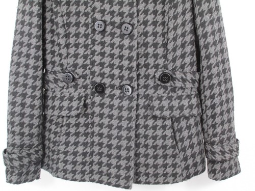 PINK ENVELOPE Short Coat Women Large Gray Black Herringbone Hooded Wool Blend - Picture 3 of 19