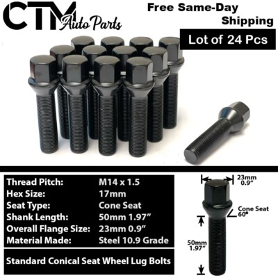 24x Black 14x1.5 Cone Seat Lug Bolt 50mm Shank For Sprinter Aftermarket Wheels