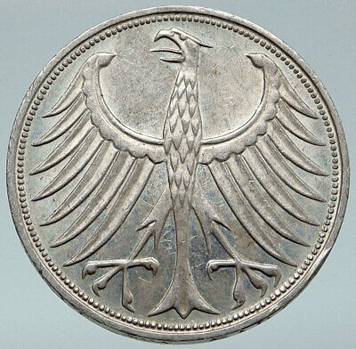 1966 F GERMANY Large 5 Mark Silver Vintage Genuine Eagle 1966 F GERMANY Large 5 Mark Silver Vintage Genuine Eagle