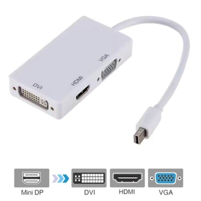 Mini DisplayPort auf HDMI DVI VGA Adapter Mini DP Konverter 3in1 1080p Weiß