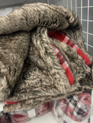 Martha Stewart 50'' x 60'' Luxe Flannel & Faux Fur Throw Blanket Red Plaid & Brown