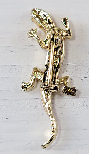Vintage GECKO Lizard Gold Tone Enamel Green Rhinestones Brooch - Picture 3 of 3