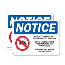 (2 Pack) Drug-Free Workplace OSHA Notice Sign Decal Metal Plastic