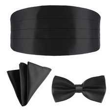 Satin Cummerbund Pre Tied Bow Tie Pocket Square Set for Wedding Prom Tuxedo, New