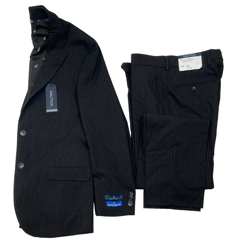 $395 NUEVO NAUTICA Hombres 38R Negro Rayas Elastizado 2 Piezas Traje Con Pantalones 32x31 Foto 2 de 4