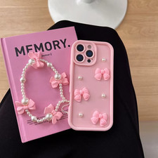 Pink Bow Phone Case Beaded Chain Cute Gift iPhone 17 16 15 14 13 12