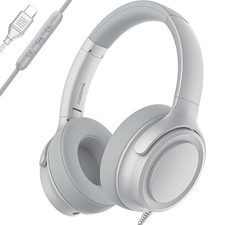 USB C Over-Ear Headphones with Microphone, Silver, Wired Audio Headset