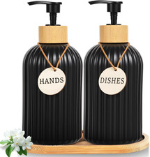 2 Pack Glass Hand Soap Dispenser Set with Bamboo Pump, Elegant Refillable Liqui