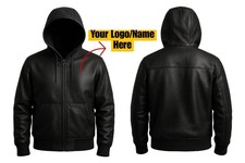 Men's Black Premium Leather Hoodie Handmade Genuine Leather Jacket Your Name