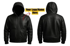 Men's Black Premium Leather Hoodie Handmade Genuine Leather Jacket Your Name
