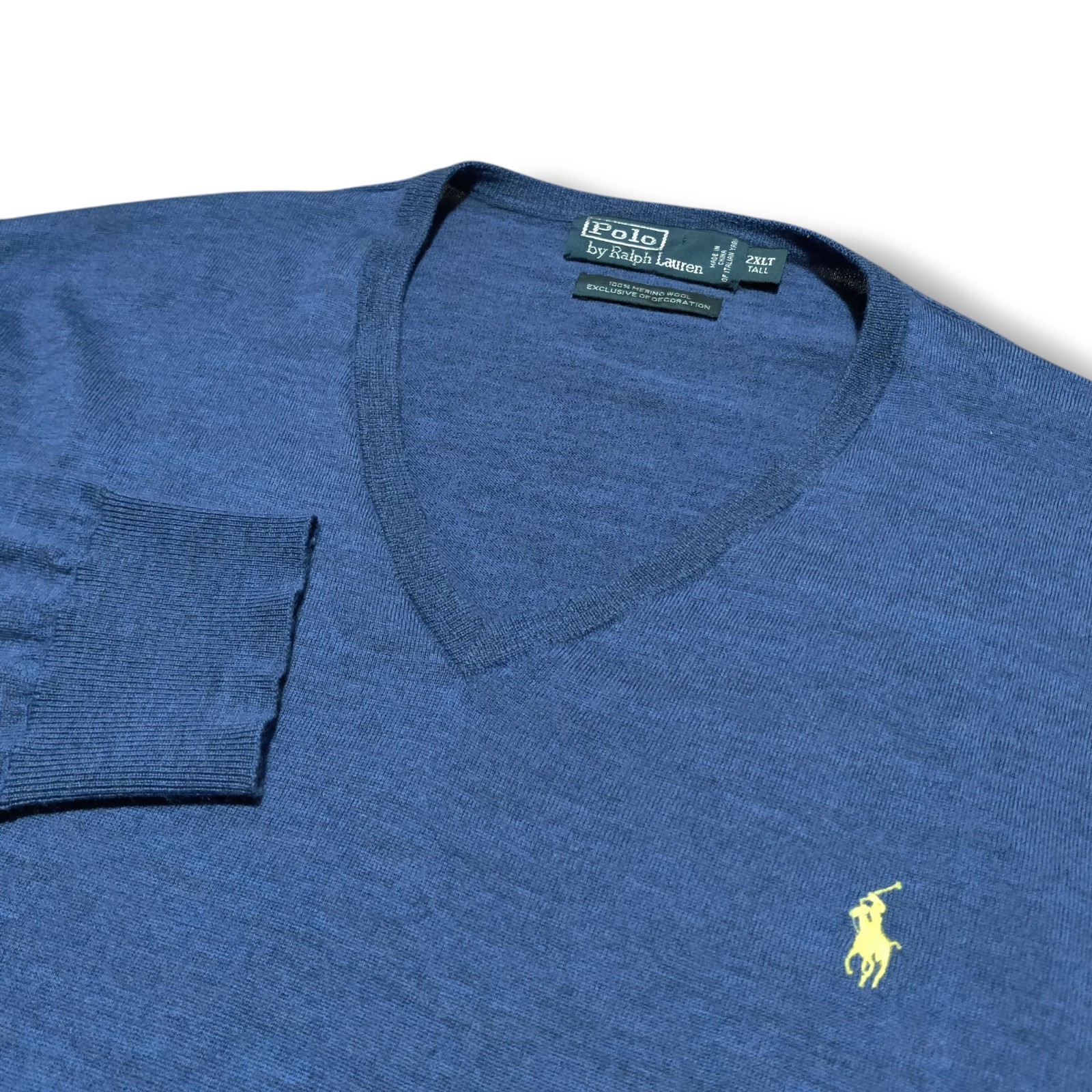 Vintage Polo Ralph Lauren Sweater Blue 2XLT 100% Merino Wool Yellow Pony