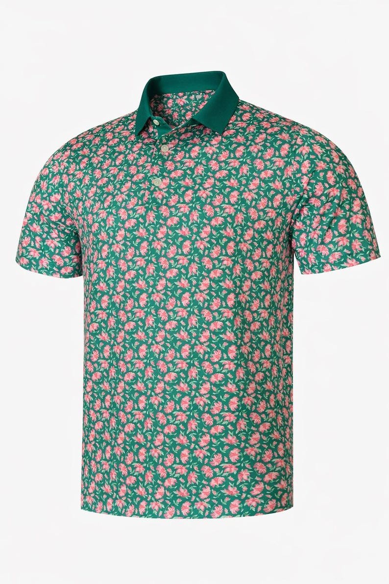 Pink Azalea Floral Golf Polo Shirt Green Course Polo Shirt Masters
