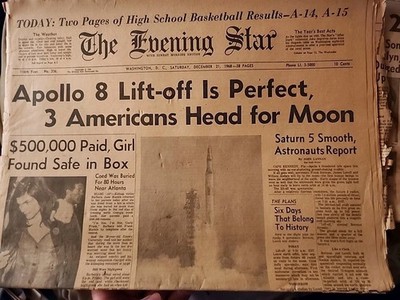 APOLLO 8 LIFT-OFF DEC 1968 WASHINGTON EVENING STAR NEWSPAPER NASA SPACE PROGRAM