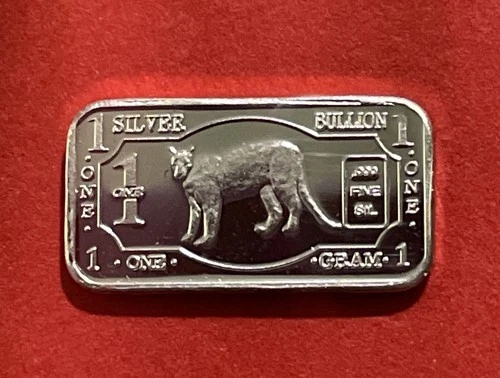 1 Gram Solid Silver Bar With Image Of Mountain Lion. Fine .999% Pure Silver!