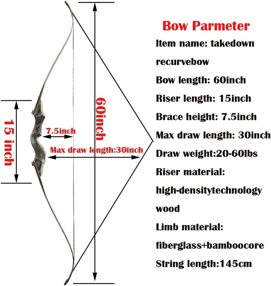 Juego de arco recurvo de derribo de 60" flechas de tiro con arco caza americana cazador negro Foto 4 de 4
