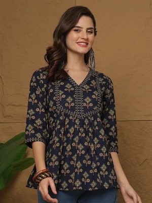 Indische Frauen blau reine Baumwolle Blumendruck A-Linie Top Tunika Kurta...