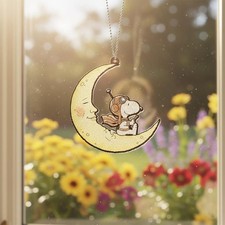Snoopy With Moon Acrylic Suncatcher, Cartoon Dog Window Hanging Decor, Kids Room