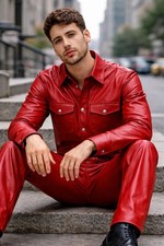 HOT! Red Men’s Leather Shirt & Pant Outfit Set Premium Genuine Leather Outfit