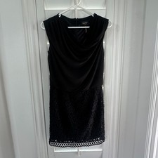 Draped Cowl Neck Floral Lace Mini Dress Sleeveless Black Little Black Dress 0