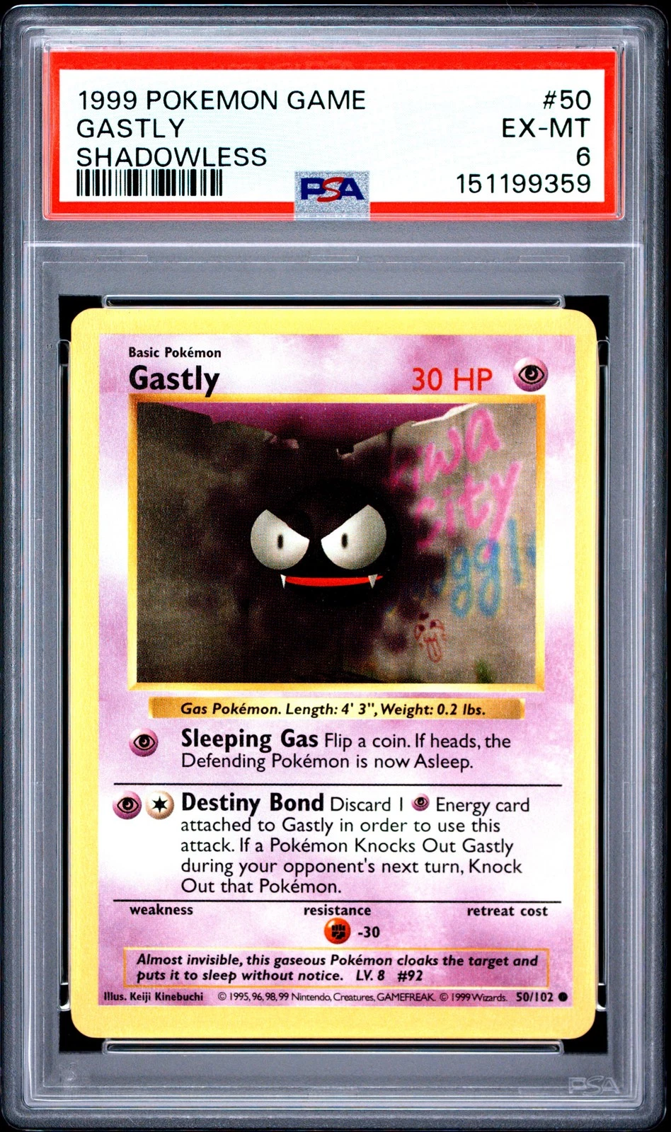 1999 POKEMON BASE SET SHADOWLESS #50 GASTLY PSA 6