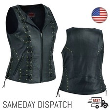 Women  s Motorcycle Biker Side Lace Leather Vest Zipper Pockets With 2 Gun Pocket
