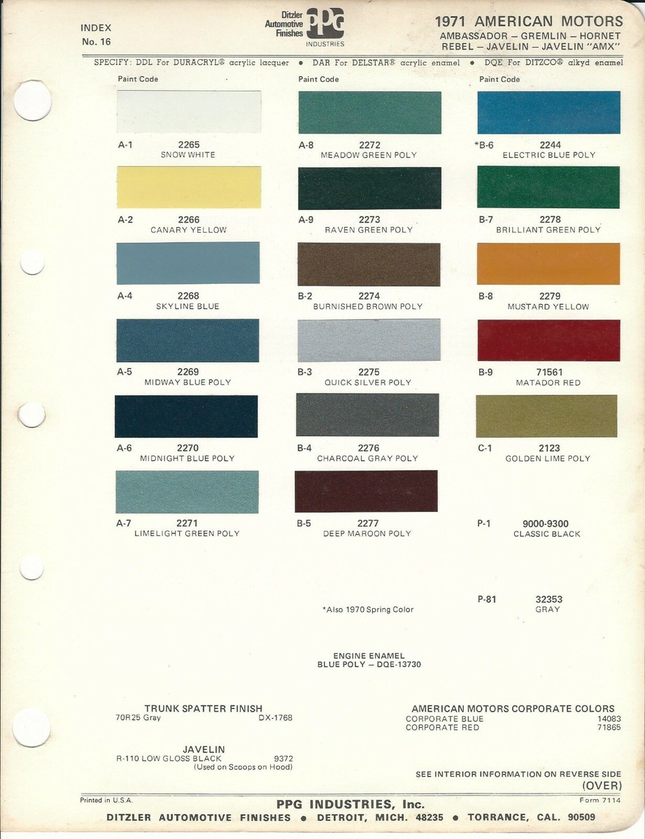 1971 AMC AMBASSADOR REBEL GREMLIN JAVELIN AMX HORNET PAINT CHIPS