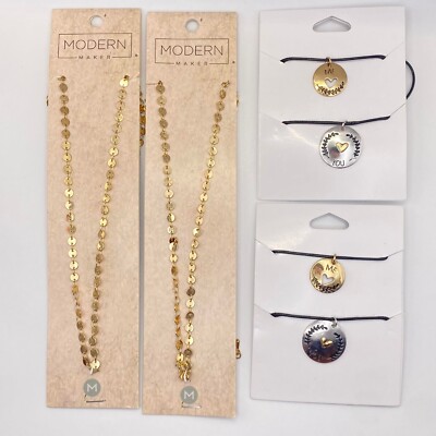 (6pcs) 2 Flat Coin Link Chain Necklace and 2 pairs of ''You & Me'' Couple Necklace