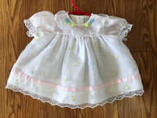 ADORABLE...Vintage White Sheer Baby Girls Dress Pastel rose buds Size 6-9 Mo.