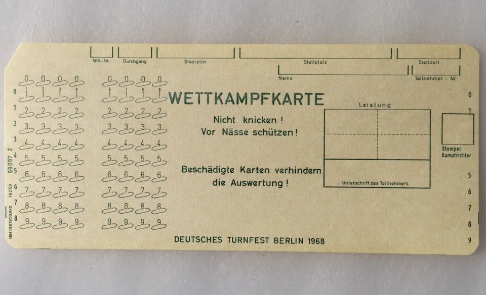 20 Lochkarten IBM *Deutsches Turnfest Berlin 1968*