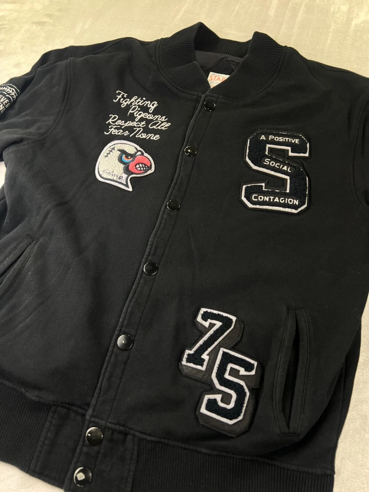 Chaqueta de bombardero Staple Brand Pigeon Varsity para hombre 2XL Letterman Streetwear negra Foto 2 de 4