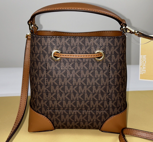 MICHAEL KORS Bag BUCKET Messenger Brown MK Leather MERCER Drawstring NEW $398 - Picture 5 of 8
