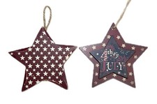 July 4th  Red Star Wood Christmas Ornament 4  x 4  Patriotic Americana
