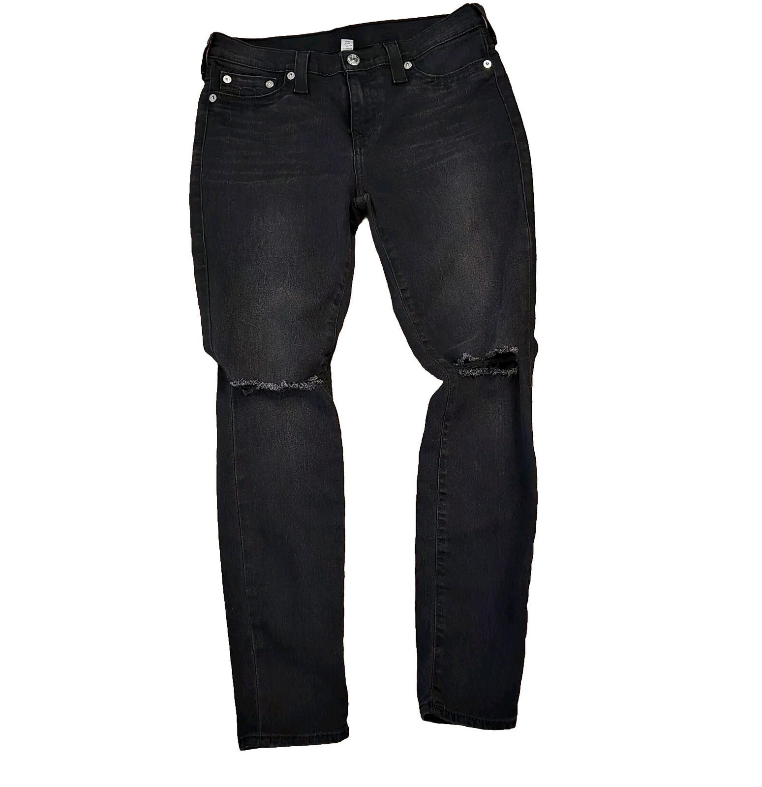 True Religion DIBD Quest Black Legging Jeans Size 32 RN#112790 Destroyed Knees