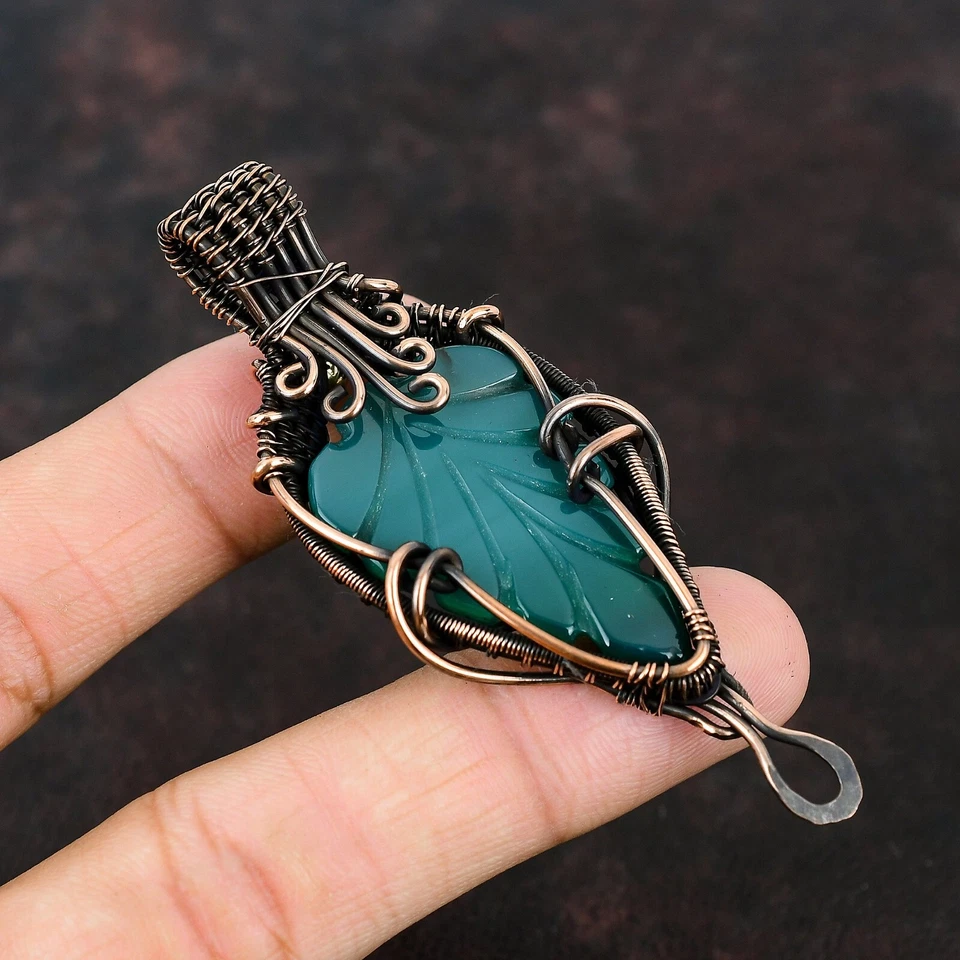 Hoja Tallada Verde Ónix Joyería Cobre Regalo Para Mamá Alambre Envuelto Colgante 3.11" Foto 4 de 4