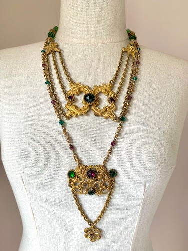 Victorian Gold Gilt Scroll Necklace With Amethyst & Emerald Vauxhall Stones - Picture 12 of 12