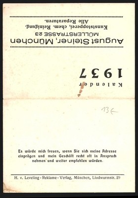 Kalender 1937, München, Kunststopperei August Steiner, Müllerstrasse 23 