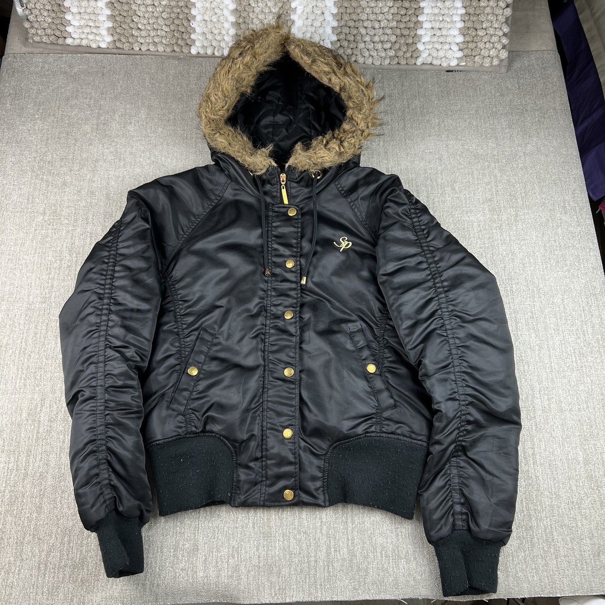 VTG Southpole Jacket Women Large Black Puffer Coat Faux Fur