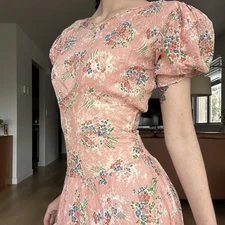 1930s 1940s Pink Lace Garden Floral Puff Sleeve Dress Gown XS