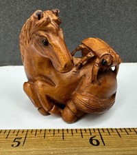 Japan Carved Boxwood 1.5" Netsuke Horse & Insect Beetle Himotoshi Glass Eye Sgnd