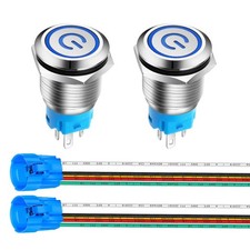 2 Pcs 16mm Stainless Steel Latching Push Button Switch 12-24V 5Amp Blue LED