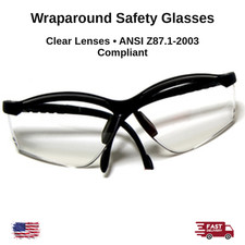 Safety Glasses Clear Lens Wraparound Black w/ Adjustable Temples ANSI Z87.1 1 Pk