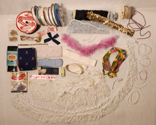 Vintage Lot Of Sewing Crafting Embellishment - Ribbon, Feather, Sequins More