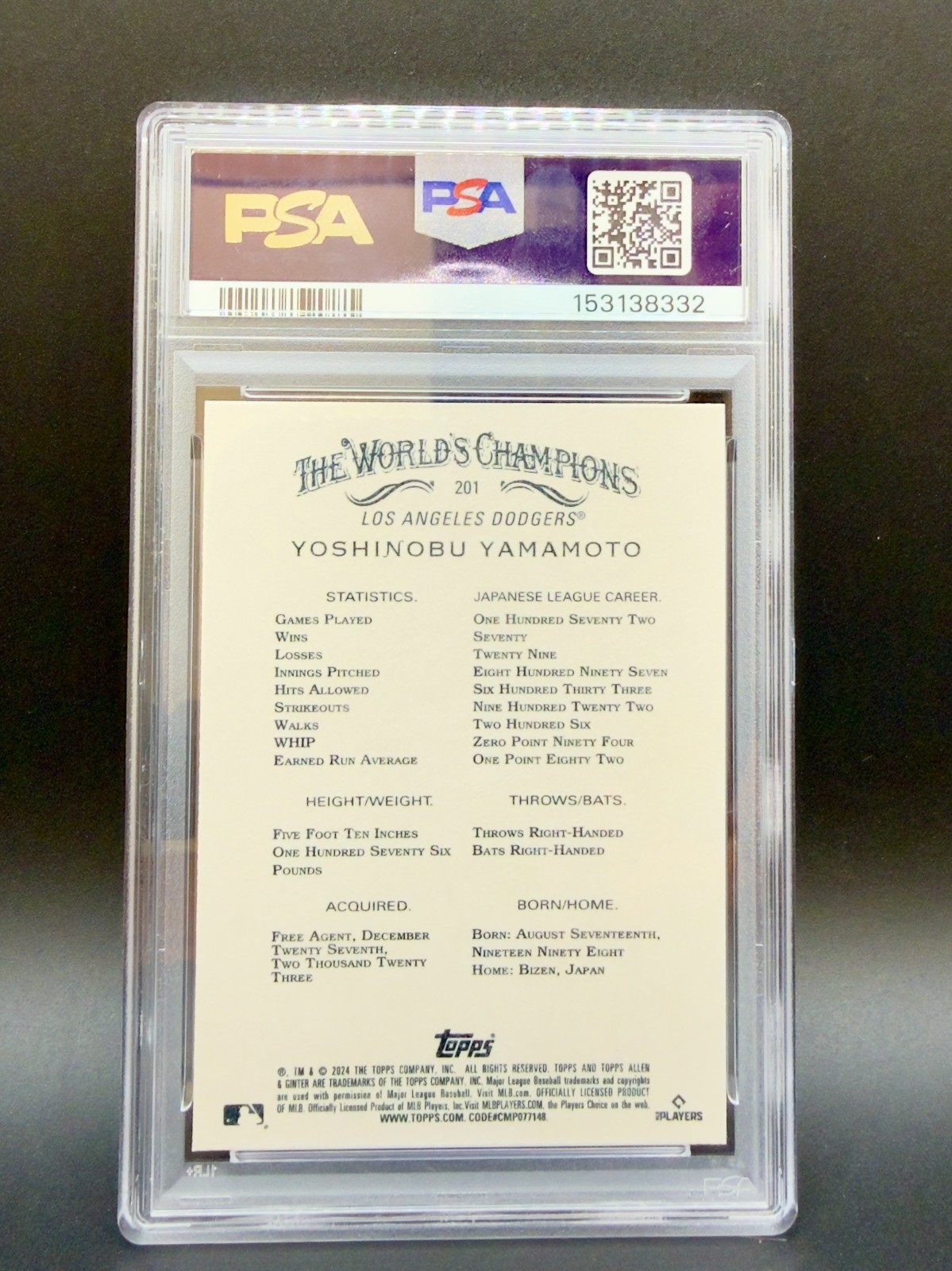 2024 Topps Allen & Ginter Yoshinobu Yamamoto RC #201 PSA 10 GEM MINT Dodgers view 2